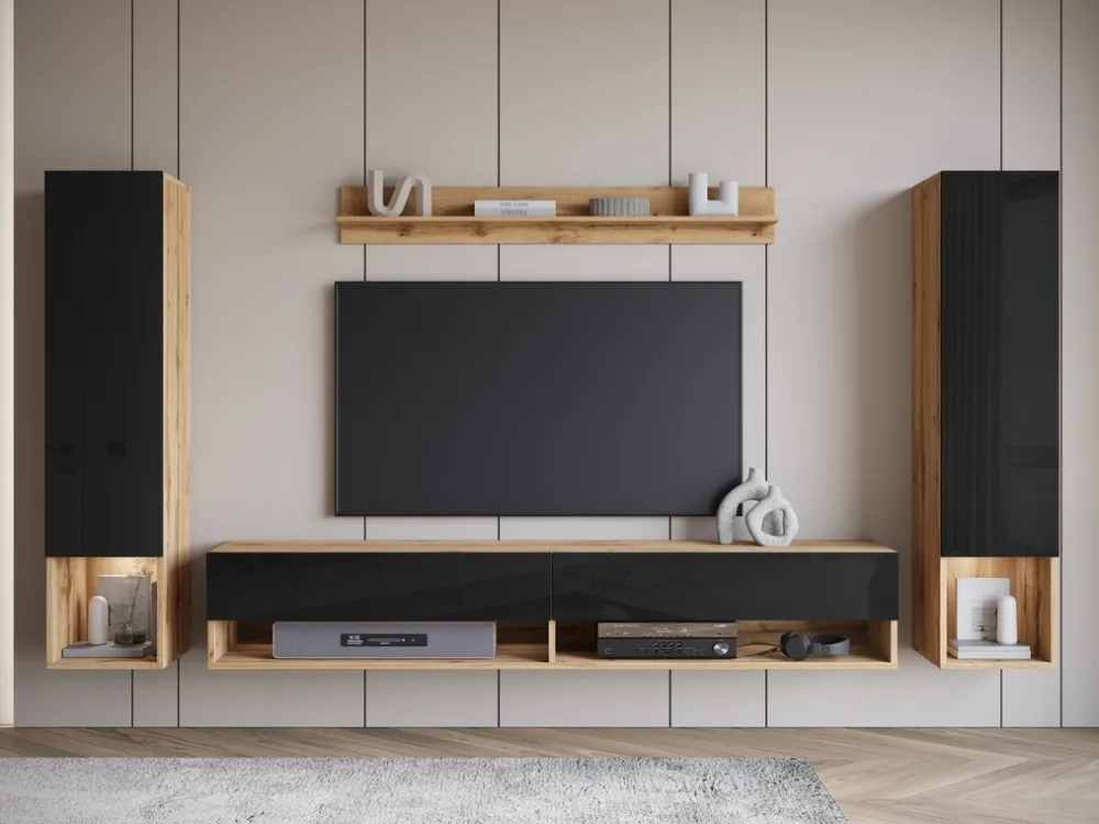 Meblościanki>BRATEX Nowoczesna meblościanka RTV do salonu czarny połysk MADERA