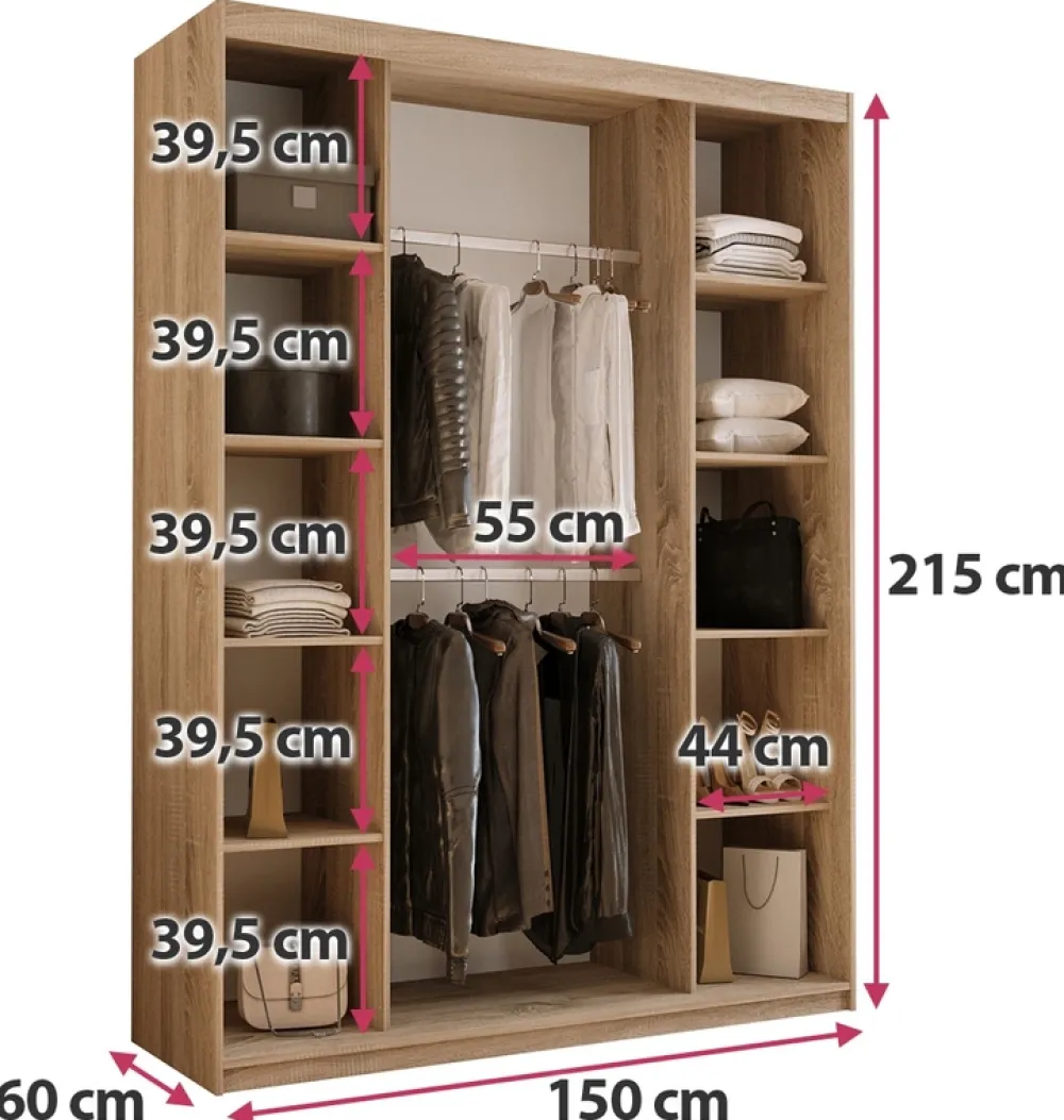 Meble Dla Dzieci|Meble Młodzieżowe>Meblohand Nowoczesna pojemna szafa przesuwna z lustrem 150 cm HOT dąb sonoma