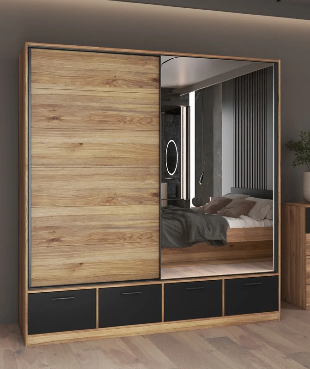 Zestawy Mebli Do Sypialni|Szafy Dwudrzwiowe>Helvetia Nowoczesna szafa przesuwna 200 cm do sypialni z lustrem BETA