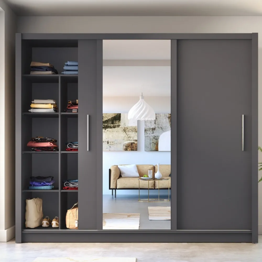 Meble Młodzieżowe|Szafy Trzydrzwiowe>MEBLOSIEK Nowoczesna szafa przesuwna BALI 247 cm z lustrem szary grafit