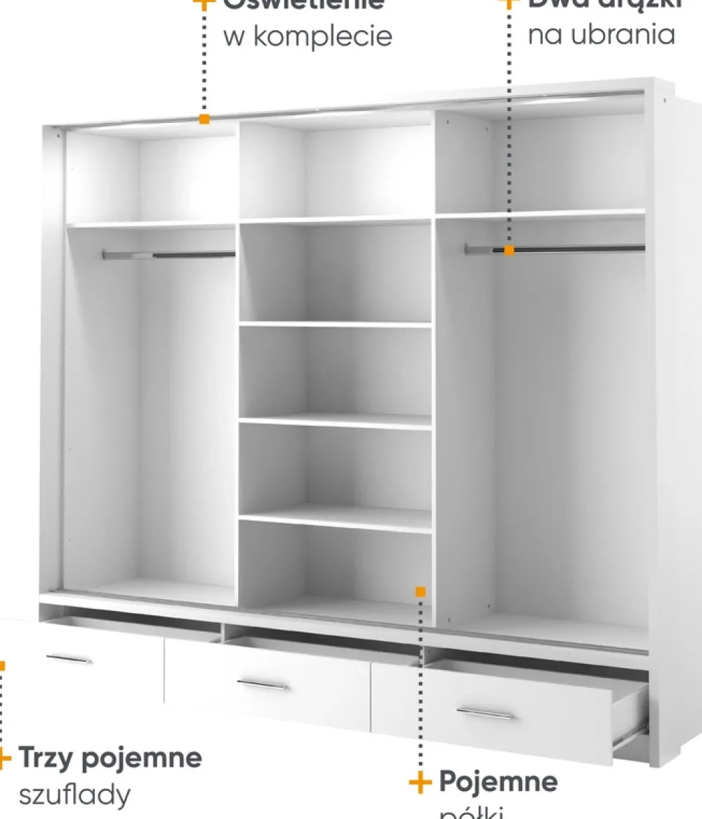 Zestawy Mebli Do Sypialni|Szafy Trzydrzwiowe>lenart. Nowoczesna szafa przesuwna z lustrem i szufladami 250 cm ARTI biały