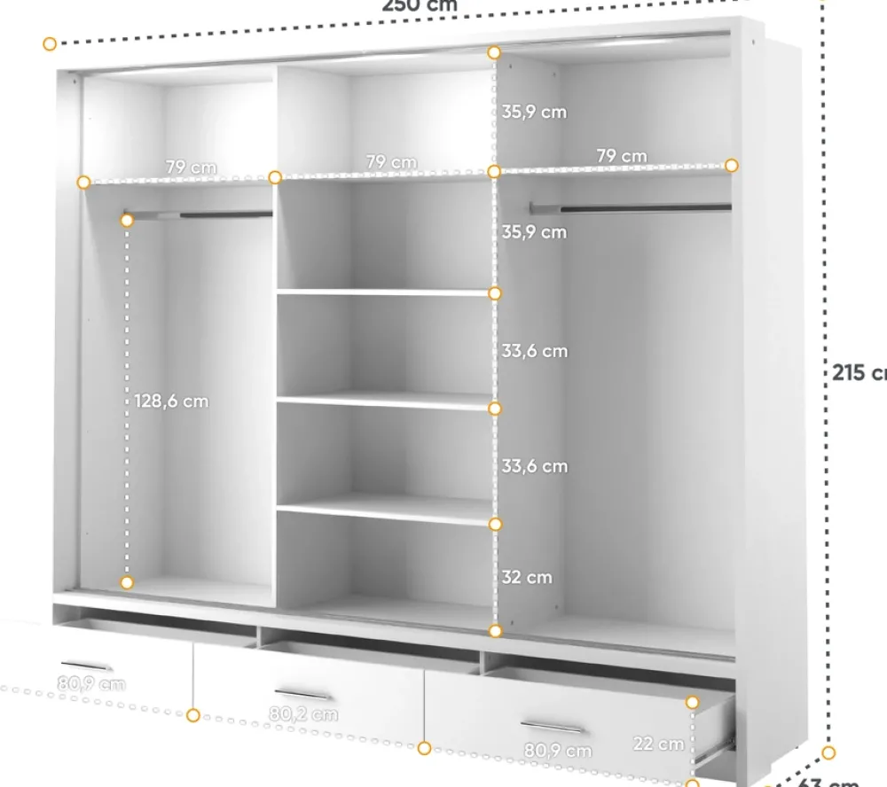 Zestawy Mebli Do Sypialni|Szafy Trzydrzwiowe>lenart. Nowoczesna szafa przesuwna z lustrem i szufladami 250 cm ARTI biały