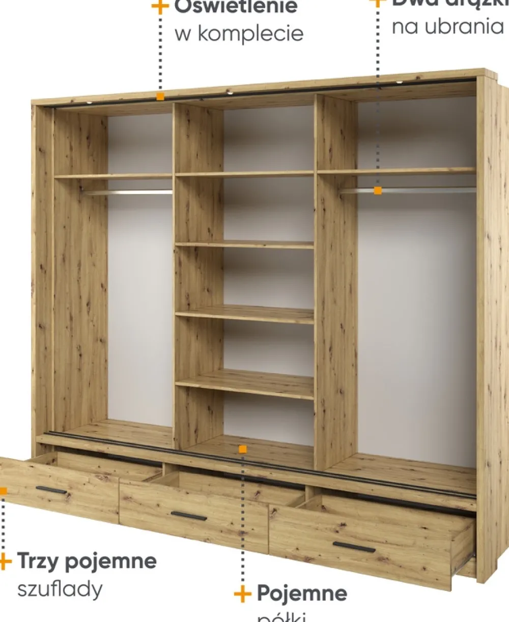 Zestawy Mebli Do Sypialni|Szafy Trzydrzwiowe>lenart. Nowoczesna szafa przesuwna z lustrem i szufladami 250 cm ARTI dąb artisan