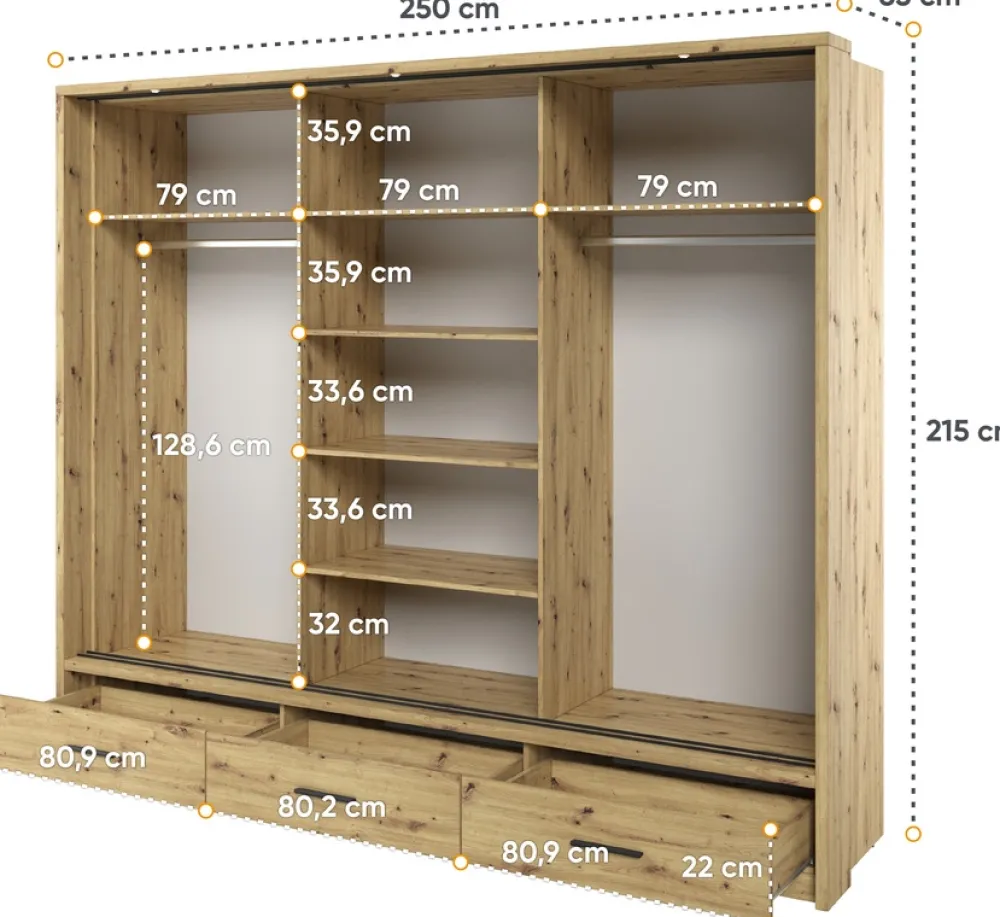 Zestawy Mebli Do Sypialni|Szafy Trzydrzwiowe>lenart. Nowoczesna szafa przesuwna z lustrem i szufladami 250 cm ARTI dąb artisan
