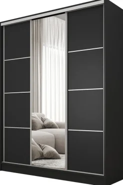 Zestawy Mebli Do Przedpokoju|Szafy Trzydrzwiowe>BROMARKT Nowoczesna szafa przesuwna 150 cm z lustrem BEST półki szuflady czarny