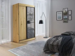 Zestawy Mebli Do Przedpokoju|Szafy Dwudrzwiowe>JUREK Nowoczesna szafa przesuwna z półkami i drążkiem 120 cm OLAS dąb artisan