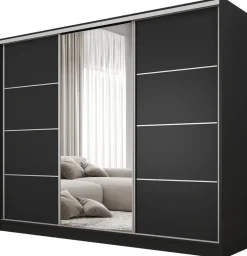 Zestawy Mebli Do Przedpokoju|Szafy Trzydrzwiowe>BROMARKT Nowoczesna szafa przesuwna z lustrem 235 cm BEST półki czarny