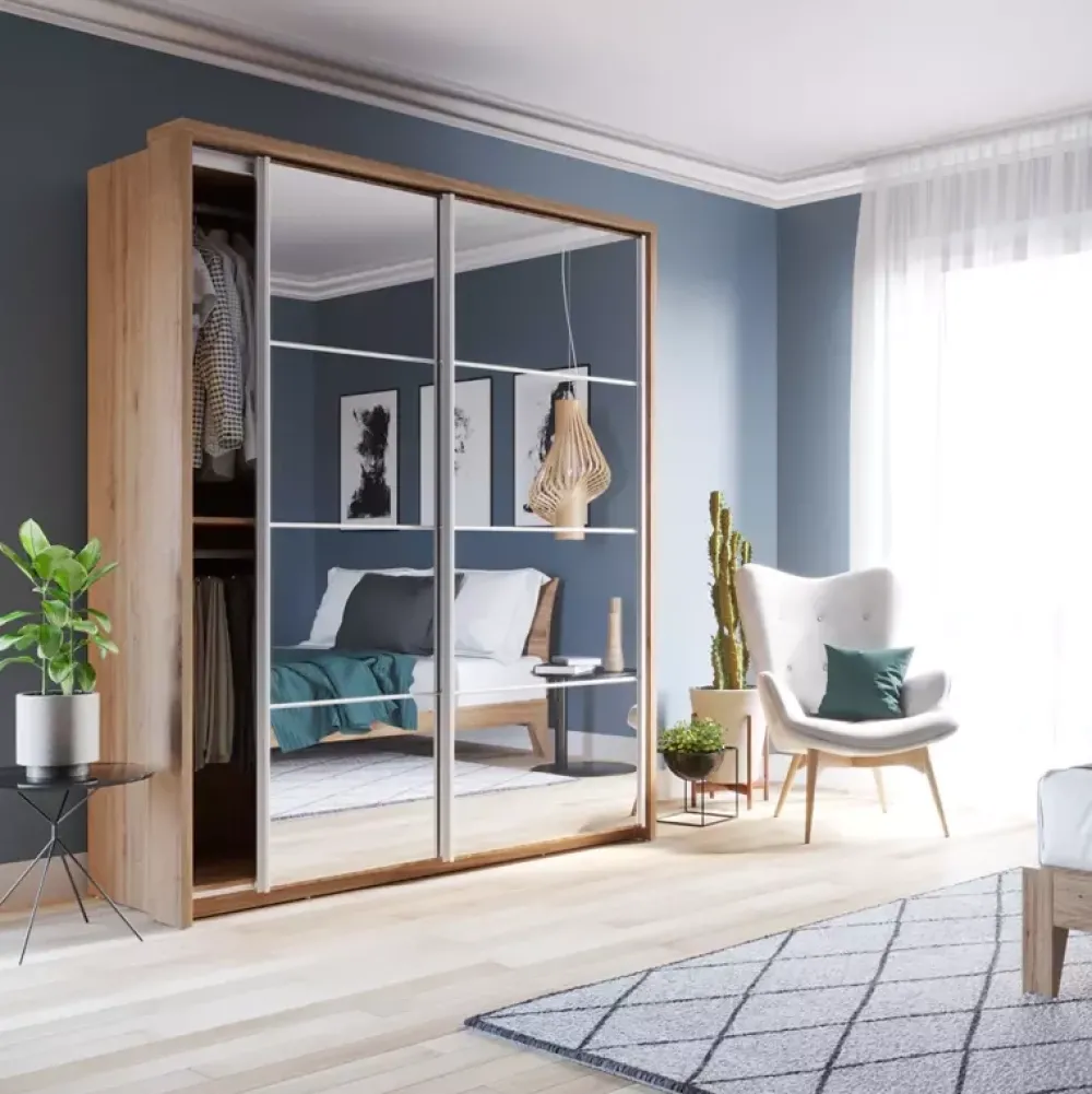 Zestawy Mebli Do Sypialni|Szafy Dwudrzwiowe>lenart. Nowoczesna szafa przesuwna 180 cm półki drążek ARTI dąb shetland