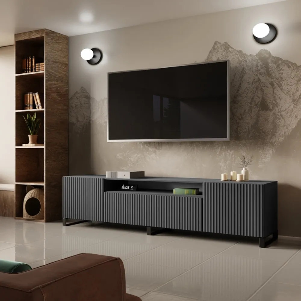 Szafki Rtv>Arton Nowoczesna szafka RTV 200 cm na nóżkach z półkami TAVIO owa frezowana grafit