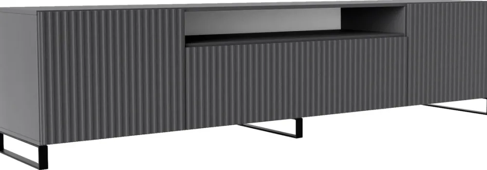 Szafki Rtv>Arton Nowoczesna szafka RTV 200 cm na nóżkach z półkami TAVIO owa frezowana grafit