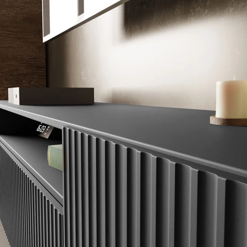 Szafki Rtv>Arton Nowoczesna szafka RTV 200 cm na nóżkach z półkami TAVIO owa frezowana grafit