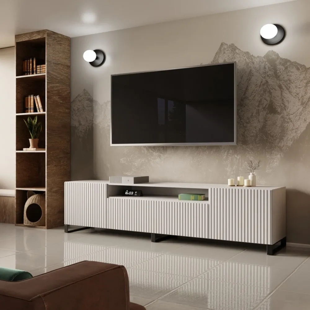 Szafki Rtv>Arton Nowoczesna szafka RTV 200 cm na nóżkach TAVIO biała frezowana biały