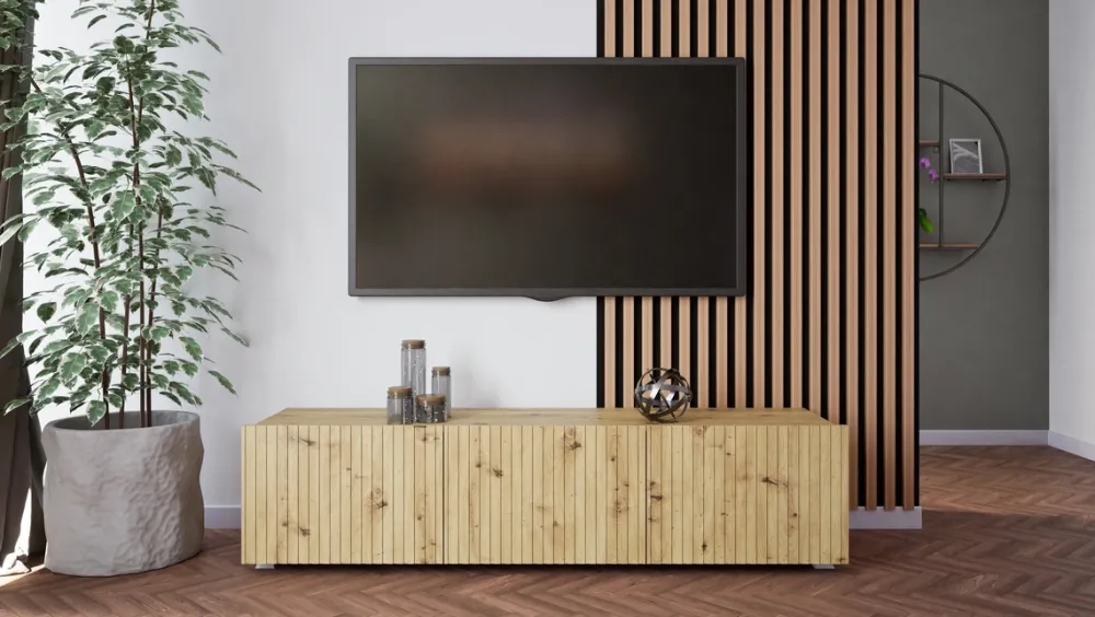 Szafki Rtv>GiB Meble Nowoczesna szafka RTV 150 cm z ryflowanymi frontami długa KORDIS dąb artisan