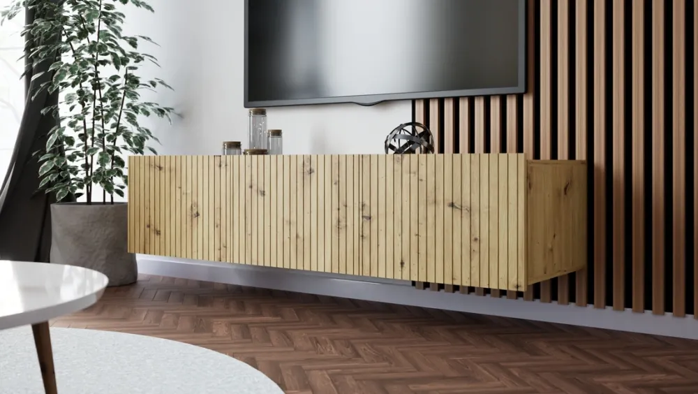 Szafki Rtv>GiB Meble Nowoczesna szafka RTV 150 cm z ryflowanymi frontami długa KORDIS dąb artisan