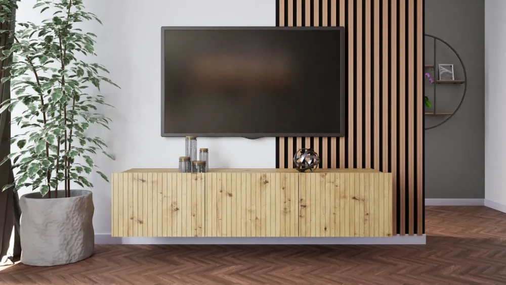 Szafki Rtv>GiB Meble Nowoczesna szafka RTV 150 cm z ryflowanymi frontami długa KORDIS dąb artisan