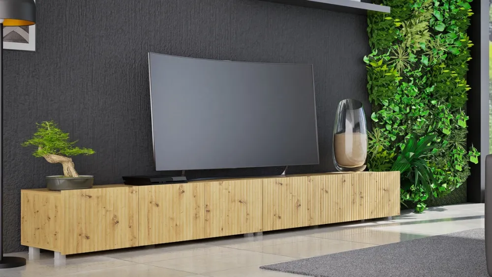 Szafki Rtv>GiB Meble Nowoczesna szafka RTV 150 cm z ryflowanymi frontami długa KORDIS dąb artisan