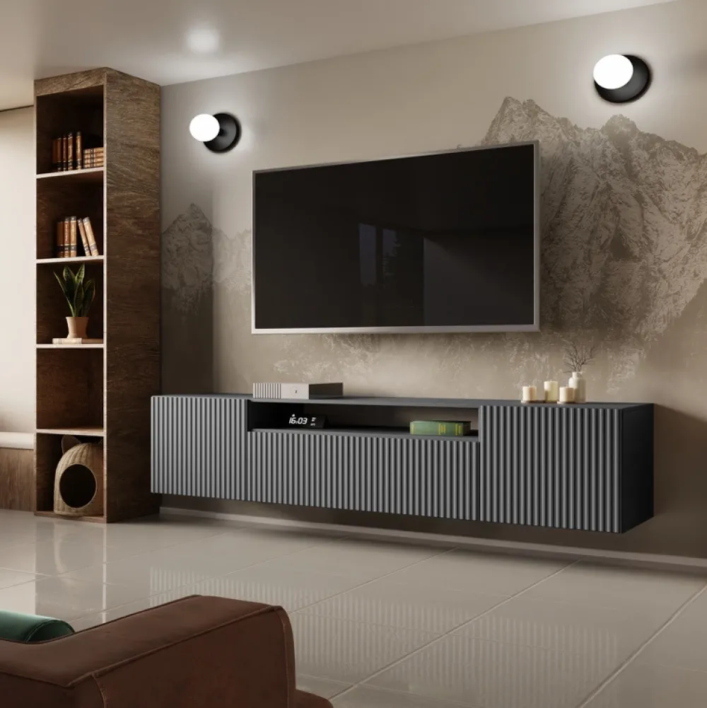 Szafki Rtv>Arton Nowoczesna szafka RTV 200 cm do salonu wisząca TAVIO frezowane fronty grafit