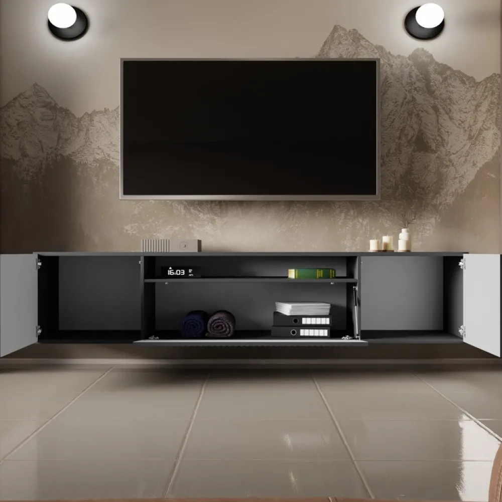 Szafki Rtv>Arton Nowoczesna szafka RTV 200 cm do salonu wisząca TAVIO frezowane fronty grafit