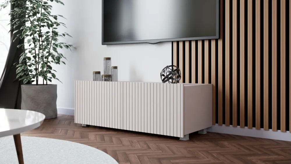 Szafki Rtv>GiB Meble Nowoczesna szafka RTV 100 cm z ryflowanymi frontami KORDIS kaszmir