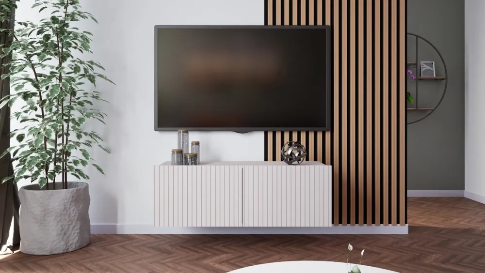 Szafki Rtv>GiB Meble Nowoczesna szafka RTV 100 cm z ryflowanymi frontami KORDIS kaszmir