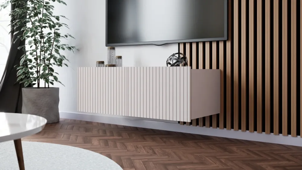 Szafki Rtv>GiB Meble Nowoczesna szafka RTV 100 cm z ryflowanymi frontami KORDIS kaszmir