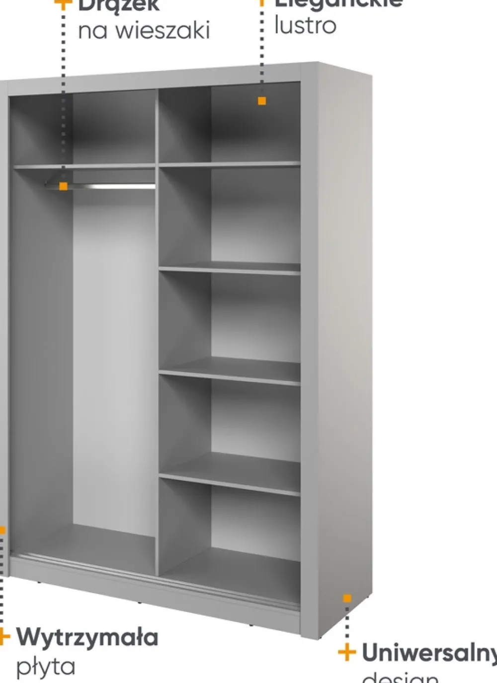 Zestawy Mebli Do Sypialni|Szafy Dwudrzwiowe>lenart. Nowoczesna szara szafa przesuwna 150 cm z lustrem i półkami ARTI szary