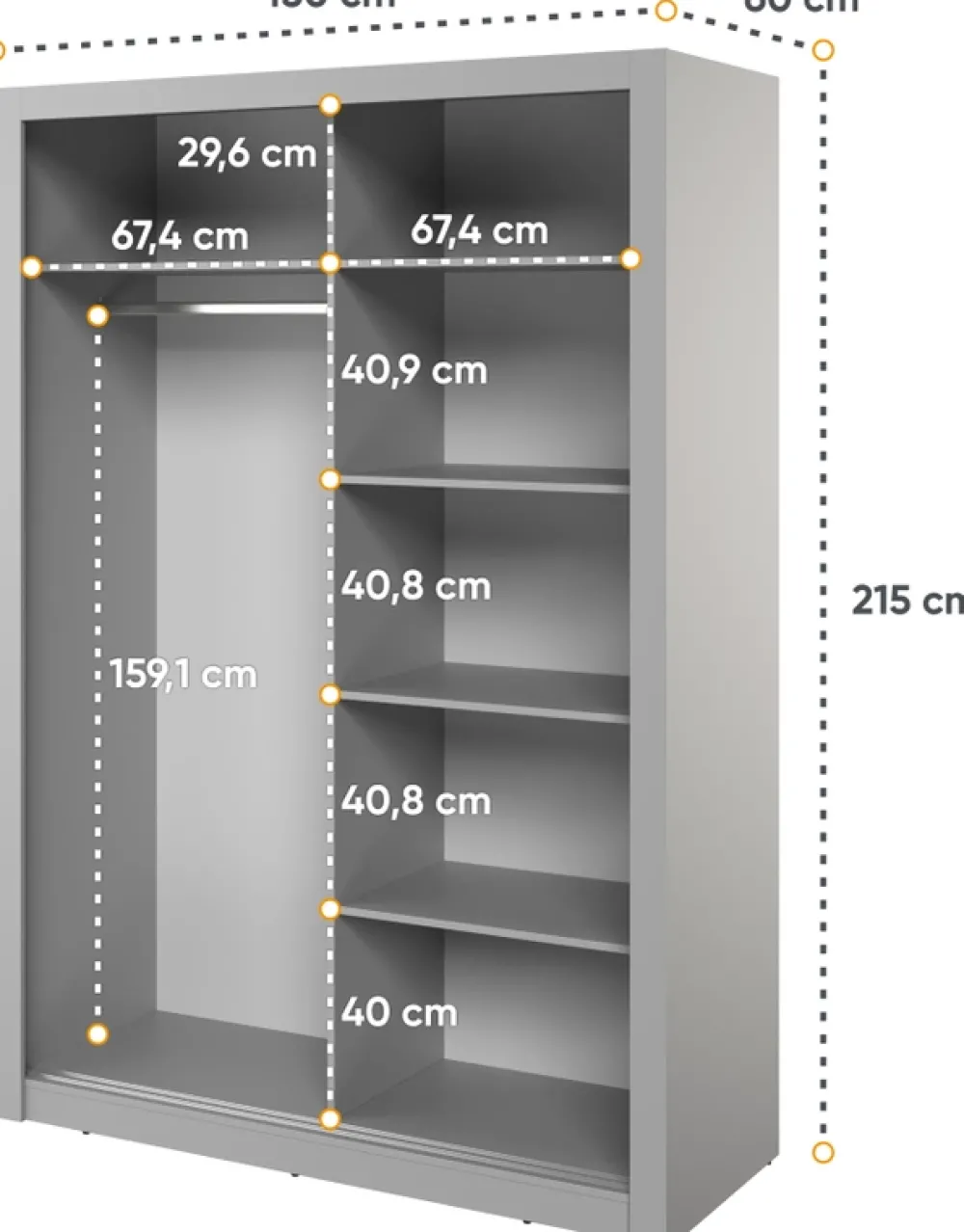 Zestawy Mebli Do Sypialni|Szafy Dwudrzwiowe>lenart. Nowoczesna szara szafa przesuwna 150 cm z lustrem i półkami ARTI szary