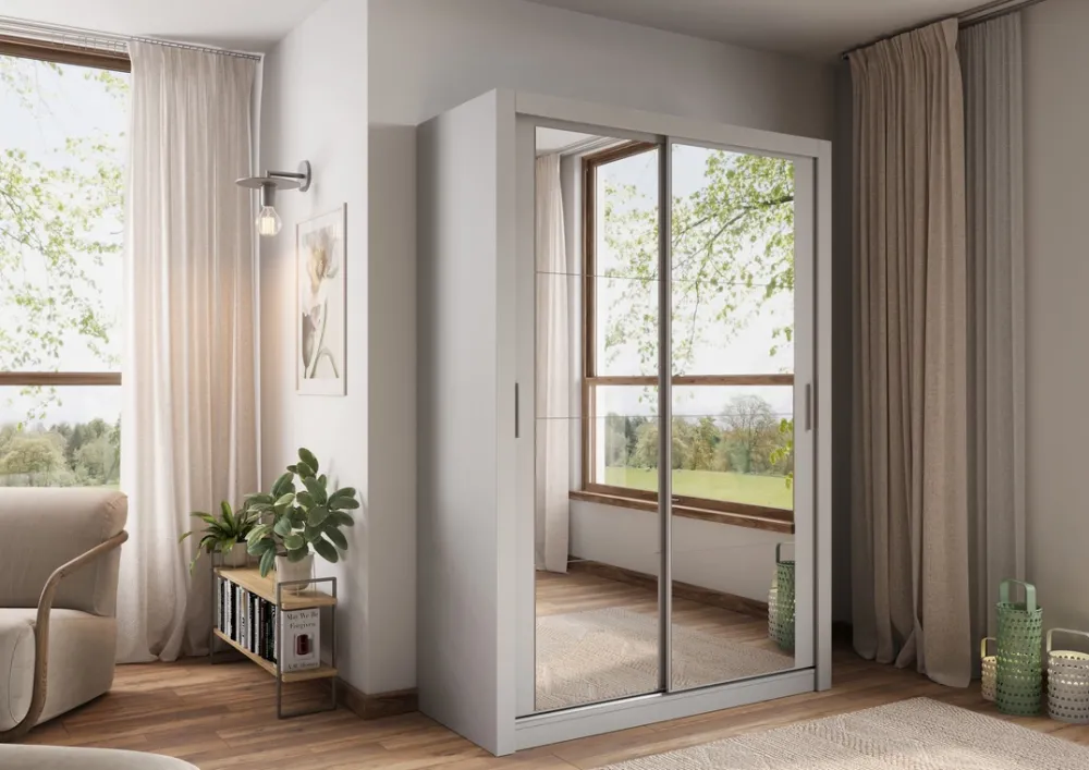 Zestawy Mebli Do Sypialni|Szafy Dwudrzwiowe>lenart. Nowoczesna szara szafa przesuwna 150 cm z lustrem i półkami ARTI szary