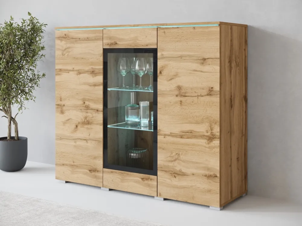 Witryny>BRATEX Nowoczesna witryna na książki lub alkohol 120 cm z oświetleniem VEXA dąb wotan