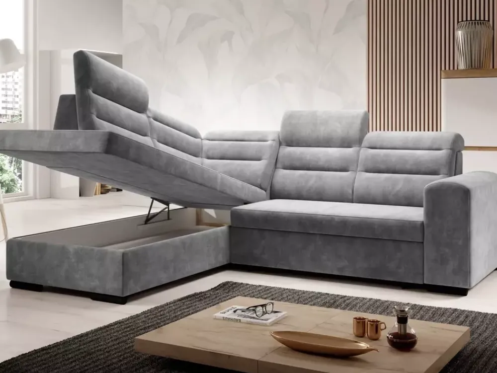 Narożniki>NEXT COLLECTION Nowoczesny szary narożnik z funkcją spania i regulowanymi zagłówkami COLD