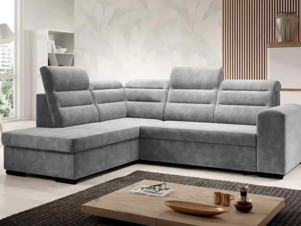 Narożniki>NEXT COLLECTION Nowoczesny szary narożnik z funkcją spania i regulowanymi zagłówkami COLD