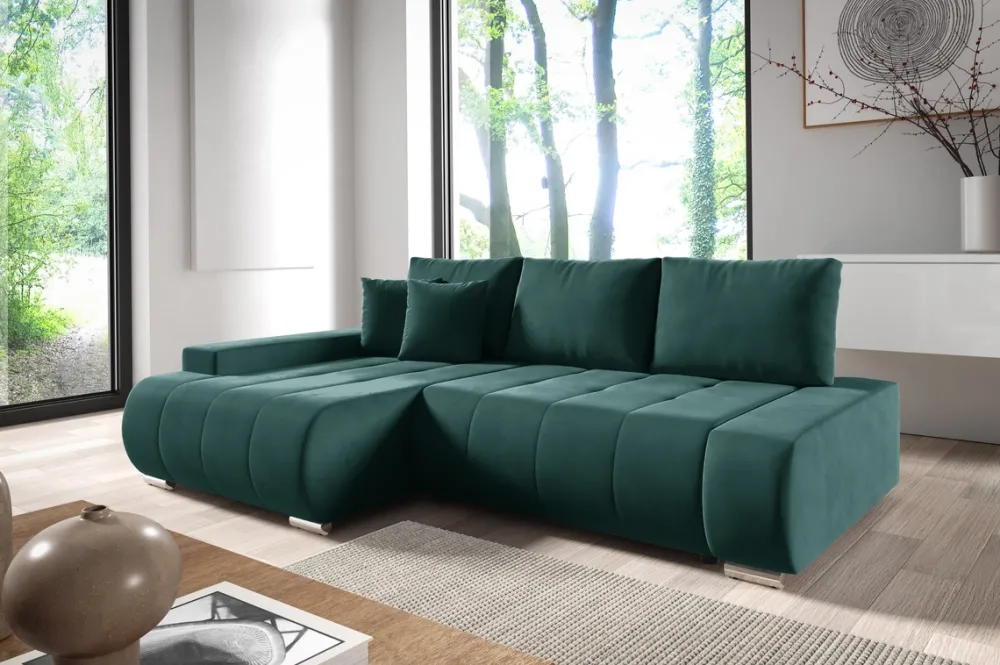 Meble Dla Dzieci|Narożniki>BROMARKT Nowoczesny zielony rozkładany narożnik do salonu z funkcją spania VANESSA