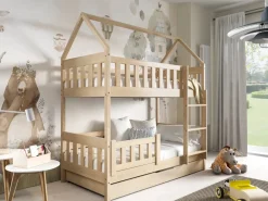 Łóżka Młodzieżowe|Łóżka Dziecięce>Meblomal Piętrowe łóżko domek do pokoju dziecięcego z barierką 80x160 cm MELANIA sosna naturalna