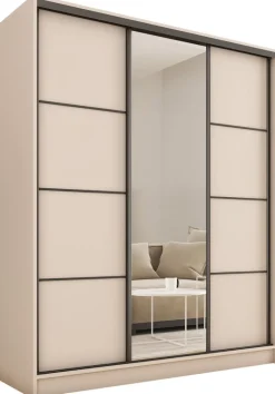 Zestawy Mebli Do Przedpokoju|Szafy Trzydrzwiowe>BROMARKT Pojemna beżowa szafa przesuwna z lustrem 180 cm LOFT MAX beż piaskowy