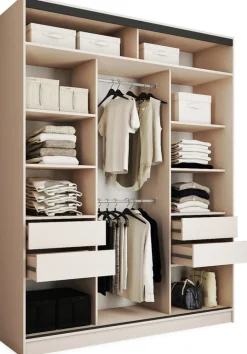 Zestawy Mebli Do Przedpokoju|Szafy Trzydrzwiowe>BROMARKT Pojemna beżowa szafa przesuwna z lustrem 180 cm LOFT MAX beż piaskowy