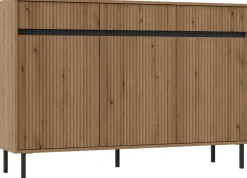 Komody>Lempert Pojemna frezowana komoda z szufladami do salonu 148 cm OMEGA dąb evoke