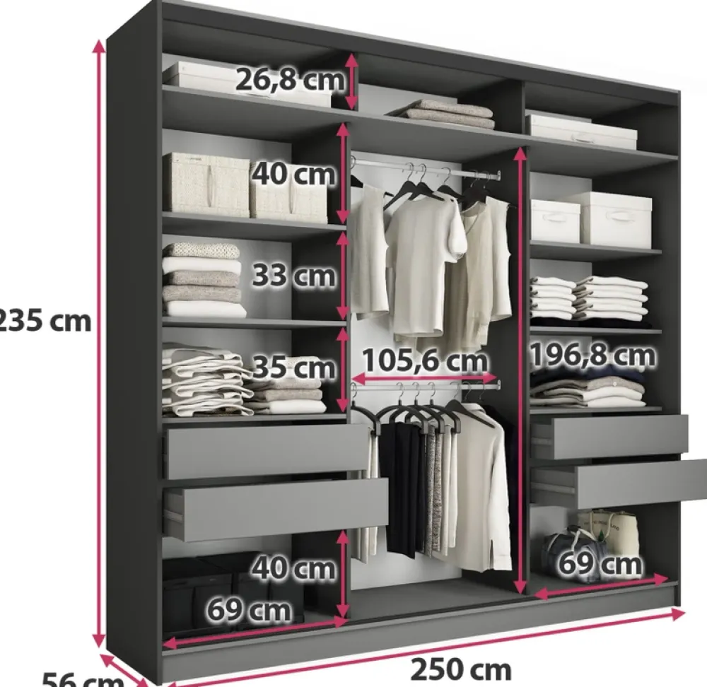 Zestawy Mebli Do Przedpokoju|Szafy Trzydrzwiowe>BROMARKT Pojemna szafa przesuwna 250 cm LOFT MAX dąb lefkas