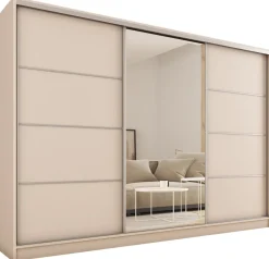 Zestawy Mebli Do Przedpokoju|Szafy Trzydrzwiowe>BROMARKT Pojemna szafa przesuwna z lustrem do sypialni 280 cm TOP beż piaskowy