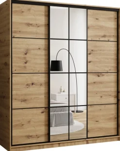 Zestawy Mebli Do Przedpokoju|Szafy Trzydrzwiowe>BROMARKT Pojemna szafa przesuwna z lustrem 180 cm do sypialni EDGE dąb artisan