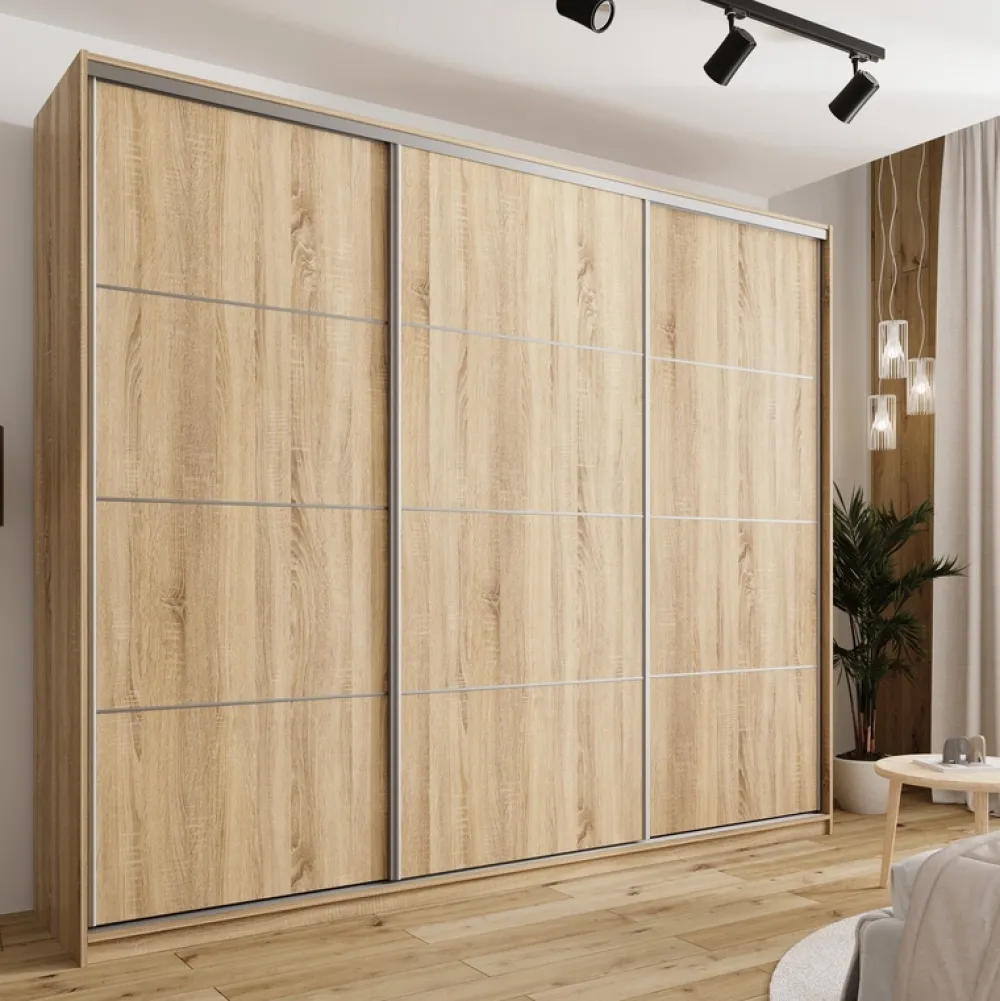 Szafy Trzydrzwiowe|Szafy Do Przedpokoju>BROMARKT Pojemna szafa przesuwna z półkami i szufladami 280 cm TOP MAX dąb sonoma