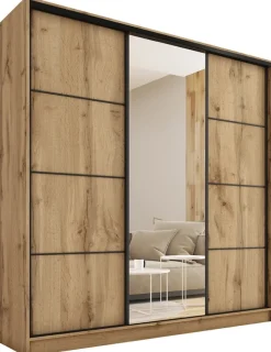 Zestawy Mebli Do Przedpokoju|Szafy Trzydrzwiowe>BROMARKT Pojemna szafa przesuwna z lustrem 200 cm LOFT MAX dąb wotan