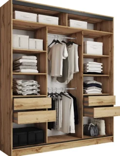 Zestawy Mebli Do Przedpokoju|Szafy Trzydrzwiowe>BROMARKT Pojemna szafa przesuwna z lustrem 200 cm LOFT MAX dąb wotan