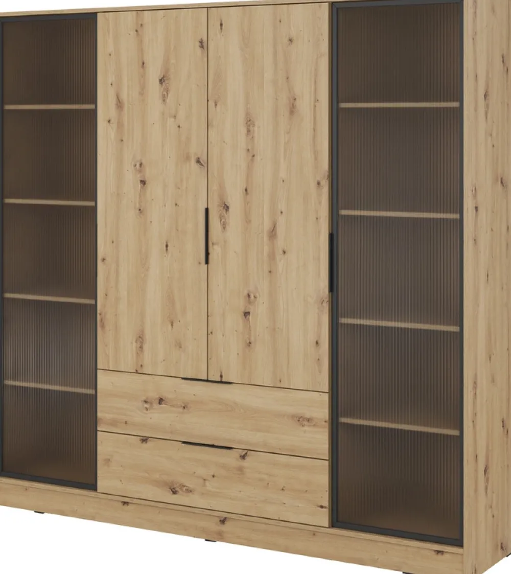 Szafy Młodzieżowe|Szafy Otwierane>PIASKI Pojemna szafa z witryną i szufladami 206 cm KAMIS dąb artisan