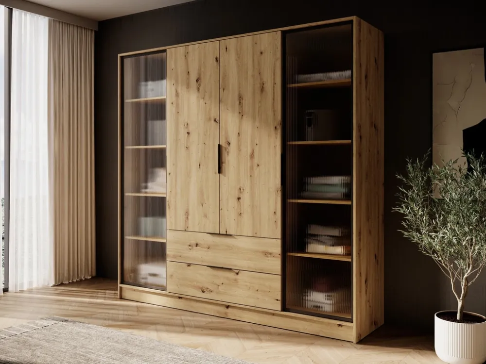 Szafy Młodzieżowe|Szafy Otwierane>PIASKI Pojemna szafa z witryną i szufladami 206 cm KAMIS dąb artisan