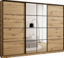 Zestawy Mebli Do Przedpokoju|Szafy Trzydrzwiowe>BROMARKT Pojemna trzydrzwiowa szafa przesuwna z lustrem 280 cm EDGE dąb artisan