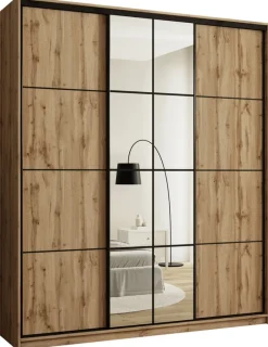 Zestawy Mebli Do Przedpokoju|Szafy Trzydrzwiowe>BROMARKT Pojemna wysoka szafa przesuwna 200 cm z lustrem i półkami EDGE MAX dąb wotan