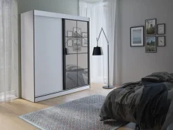 Szafy Dwudrzwiowe|Szafy Z Lustrem>JUREK Przesuwna szafa biała na ubrania z półkami i lustrem 180 cm OLAS biały