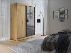 Szafy Dwudrzwiowe|Szafy Z Lustrem>JUREK Przesuwna szafa z półkami i drążkiem w stylu nowoczesnym 150 cm OLAS dąb artisan