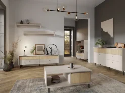 Regały Na Książki></noscript>MEBLAR Regał z szufladami do salonu 103 cm beż piaskowy dąb olejowany MALIVO