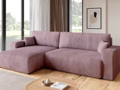 Narożniki>BROMARKT Różowa sztruksowa kanapa narożna z funkcją spania PUMI XL